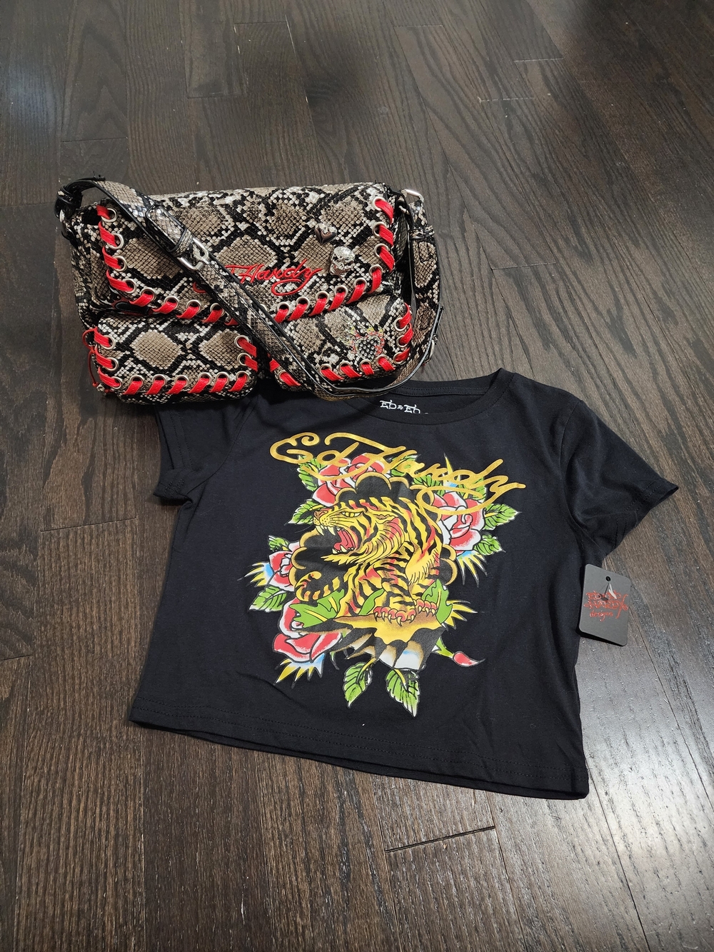 Ed Hardy Snake Print Shoulder Bag with Red Accent** Medium Crop Top